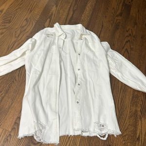 Distressed white denim shirt